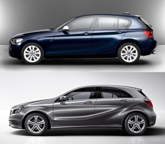 BMW serije 1 in Mercedes-Benz razred A, letnik 2012: na las podobna silhueta, drugačen izrez oken zadnjih bočnih vrat, drugačna previsa zaradi pogona.