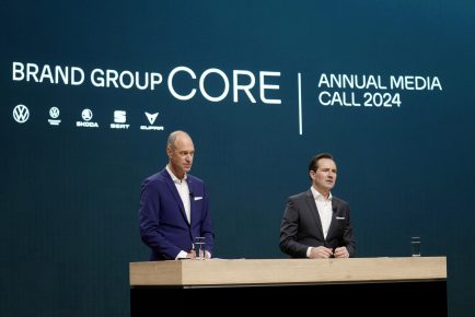 Thomas Schäfer, Member of the Board of Management of Volkswagen Group for Brand Group Core and Patrik Mayer, CFO of the Volkswagen brand at the Annual Media Call of Brand Group Core on March 14, 2024
