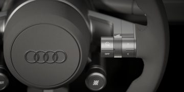 Static studio shot, interior, steering wheel detail